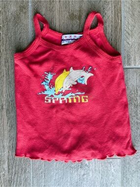 Y2K Red Dolphin Graphic Cami Tank Lettuce Hem Vintage Kids Tops